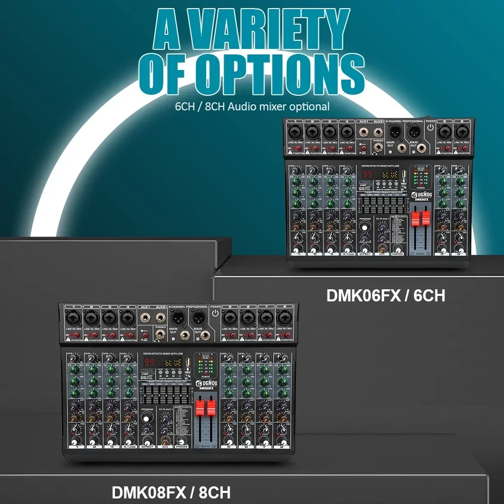 Professional Audio Mixer 8 Channel Sound board Console DJ Mixing Desk System Interface Built-in 99 Reverb Effect DGNOG DMK08FX