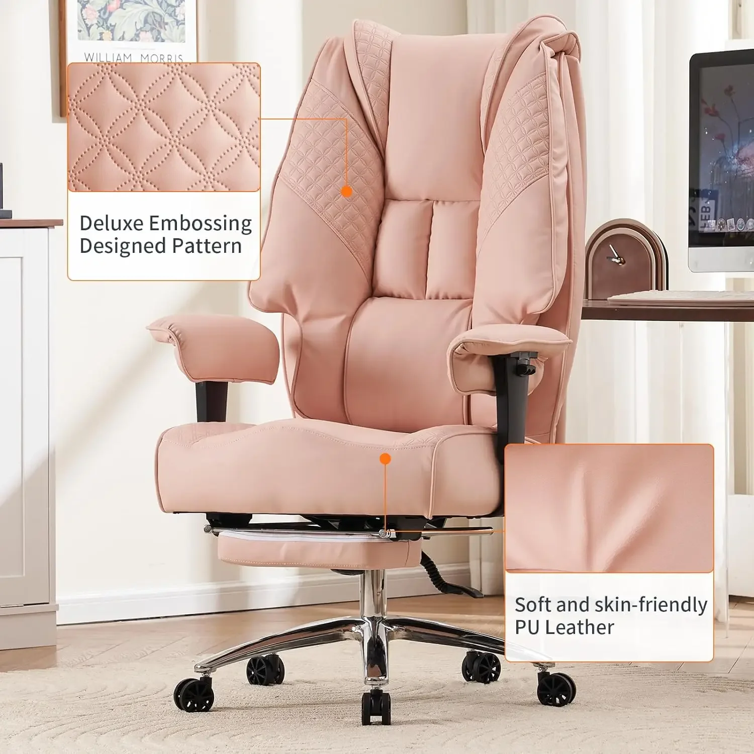 Back Executive Office Chair with Foot Rest, Ergonomic Office Chair Lumbar Support for Lower Back Pain Relief (Light Pink) 6