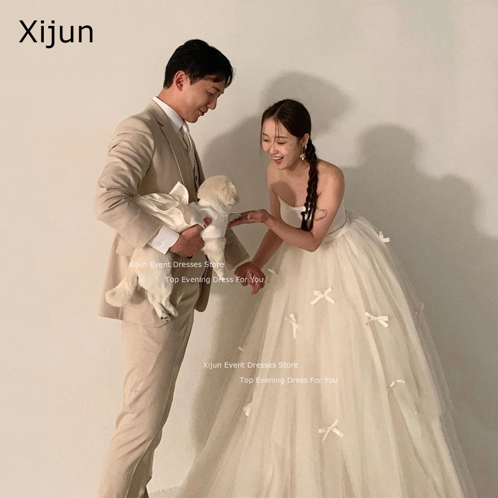 Xijun 페어리 화이트 공주 웨딩 드레스, 민소매 활 아플리케, 신부 가운, 한국 2024, 공식 사진 촬영 신부 드레스