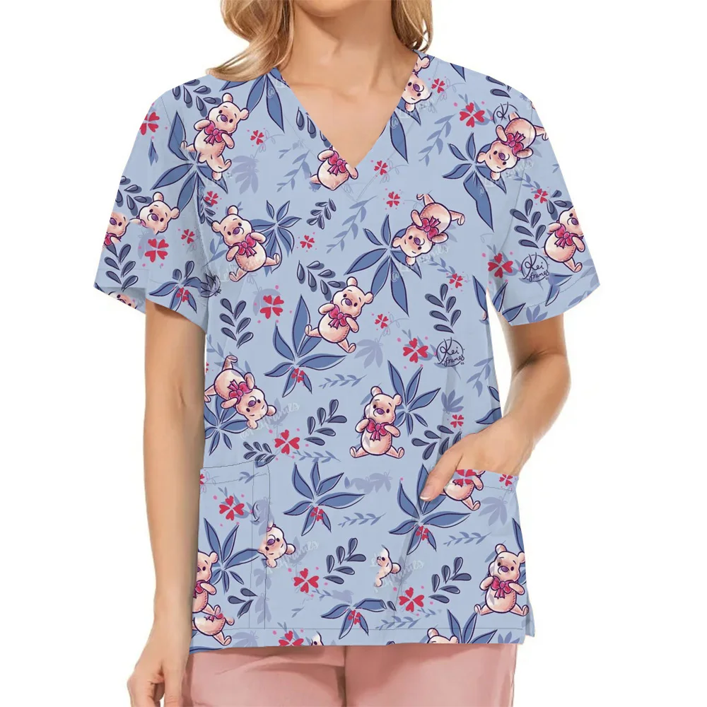 Winnie The Pooh Clinic Hospital Nurse Workwear Teeth 3D Printing T-shirt Women's V-neck Pocket Medical Clothing Nursing Top Work 2