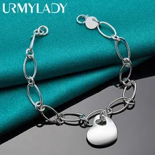 

URMYLADY 925 Sterling Silver Solid Heart Pendant Charm Bracelet Chain For Women Fashion Wedding Engagement Party Jewelry