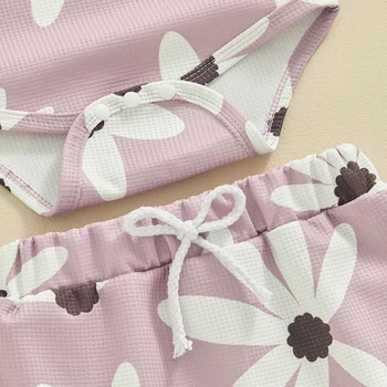 Baby Girl Summer Clothes Waffle Knit Floral Sleeveless Strap Romper Shorts Headband Infant Clothing Set 4