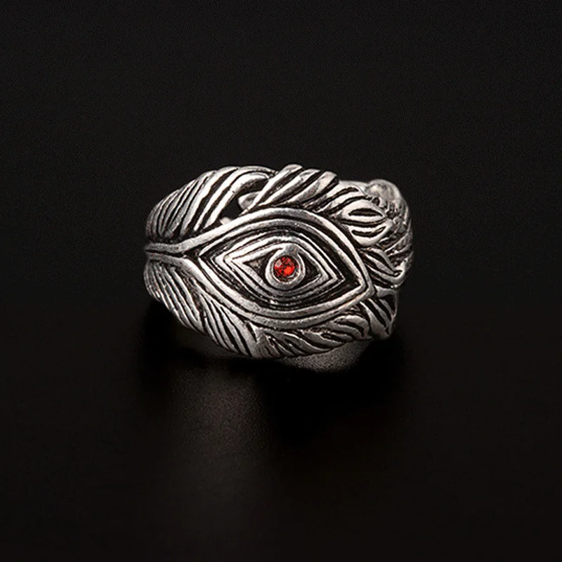 Retro Red Crystal Feather Ring For Men Silver Color Punk Gothic Rock Hiphop Open Ring Handmade Unisex Jewelry Bikers Accessories 2