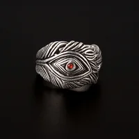 Retro Red Crystal Feather Ring For Men Silver Color Punk Gothic Rock Hiphop Open Ring Handmade Unisex Jewelry Bikers Accessories 2