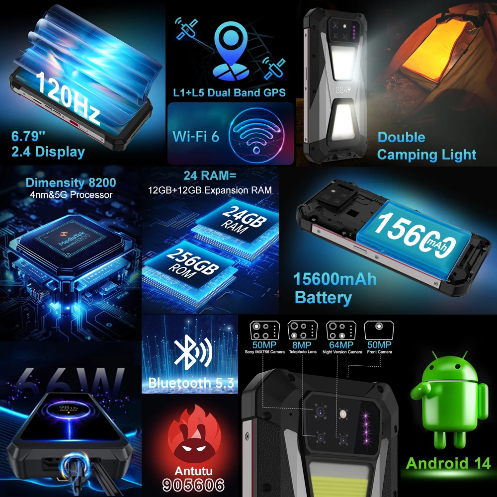 8849 SHARK, Rugged Smartphone 5G, 24GB RAM(12GB+12GB), 256GB ROM, 15600mAh, 120Hz Screen, NFC, WiFi 6,50MP Camera 66W Phone 6