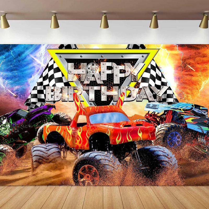 Sfondo Fotografico A Tema Camion Monster Boys Kids Happy Birthday Background Jam Burning Flame Car Grave Digger Party Decor