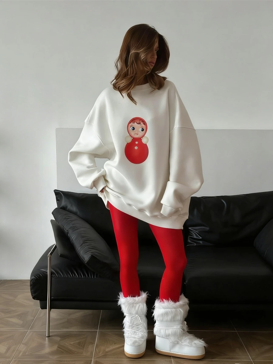Women's 2026 New Casual Oversized Crew Neck Pullover Soft Comfortable Retro Doll Graphic Printed Long-Sleeve Sweatshirt