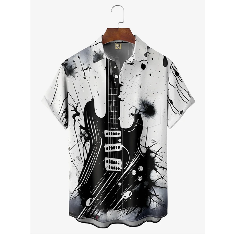 Hawaii Beach Shirt Men's Quick Dry Summer Short Sleeve Guitar Print Harajuku Casual Blouse Street Korean Clothes 2024 Camisa 4XL 2