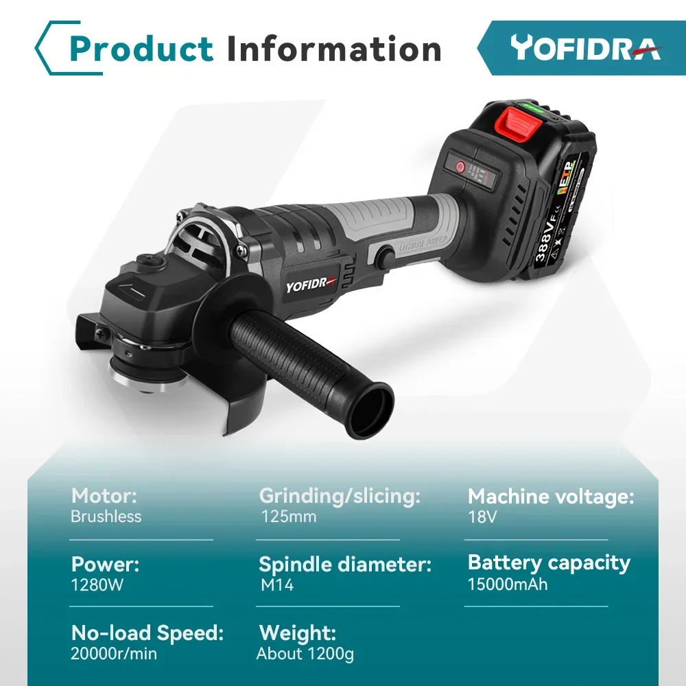 Yofidra 125MM Brushless Angle Grinder 3 Gears Grinding Cutting Polishing Machine Woodworking Power Tool For Makita 18v Battery 3