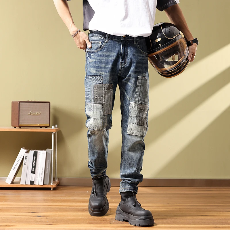 High quality jeans men's patchwork slim fitting small straight leg pants embroidered pants mens cargo jeans clothing
