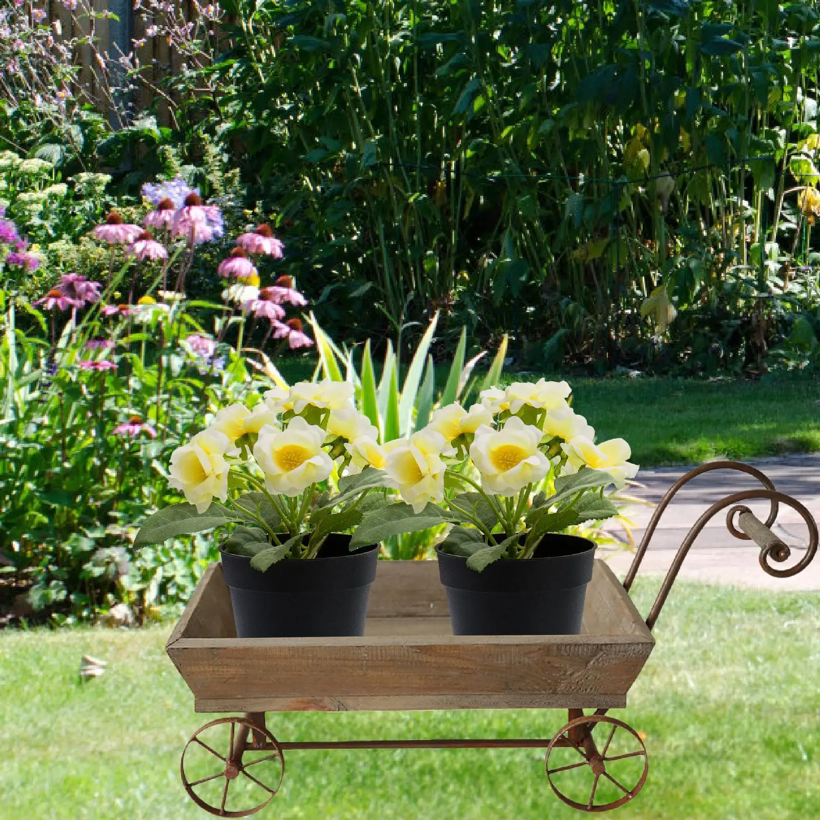 Plant Stand Holder Rustic Wooden Wagon Planter Box Flower Cart Garden Planter for Yard