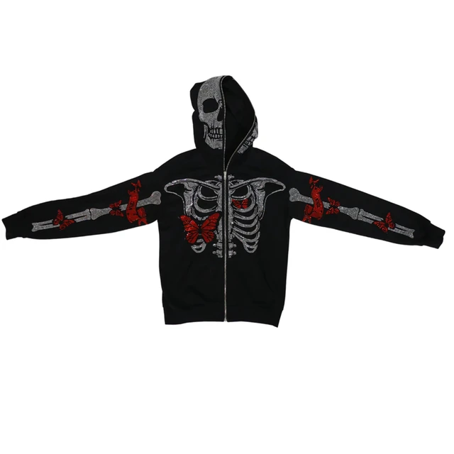 Rhinestone Skeleton Zip Hoodie Y2k | Mens Rhinestone Skeleton Hoodie - Zip-up  Hoodie - Aliexpress