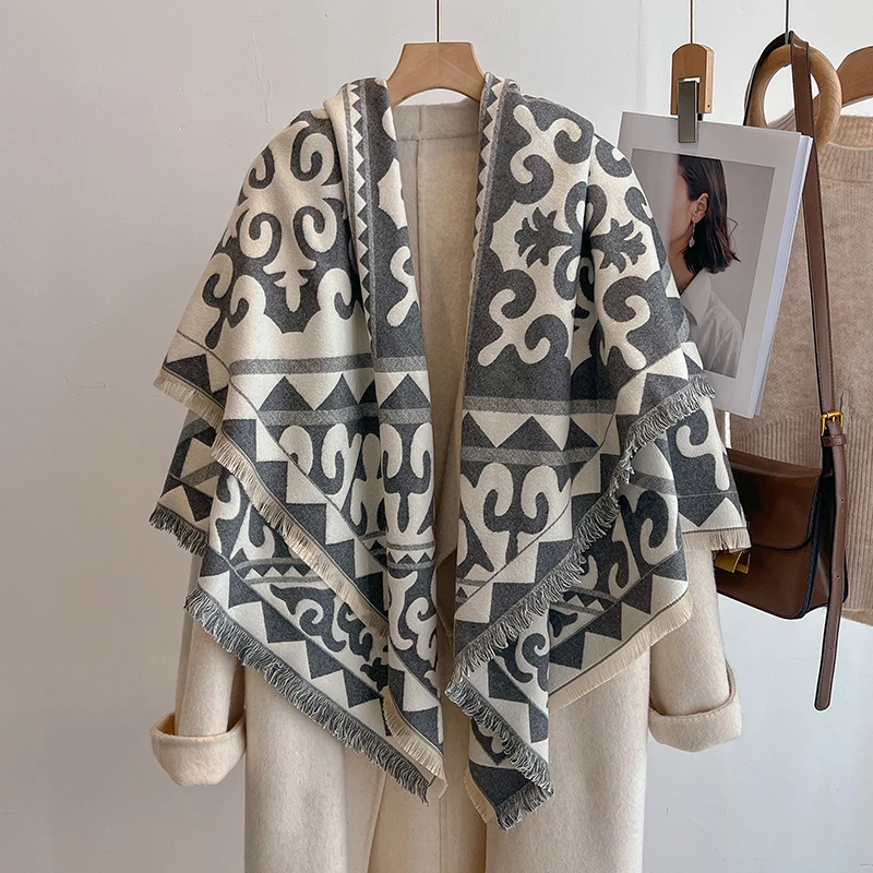 Women's Winter Fashion Faux Cashmere Scarf Vintage Floral Print With Tassels Thick Warm Shawl Trendy Wrap For Cold Weather