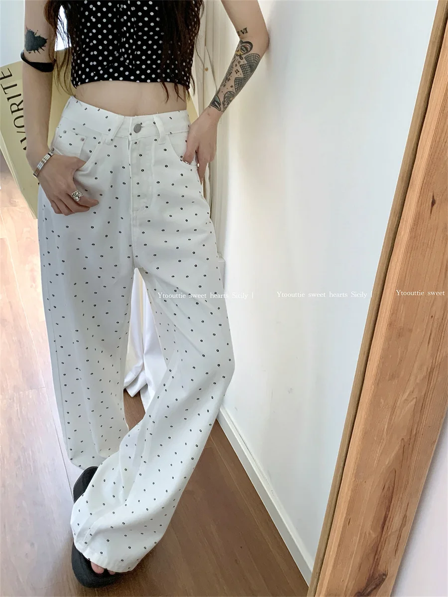 

Slergiri Women's Polka Dot Cotton Denim Pants High Waist Loose Straight Wide-leg Trousers Street Korean Fashion Y2K Baggy Pants