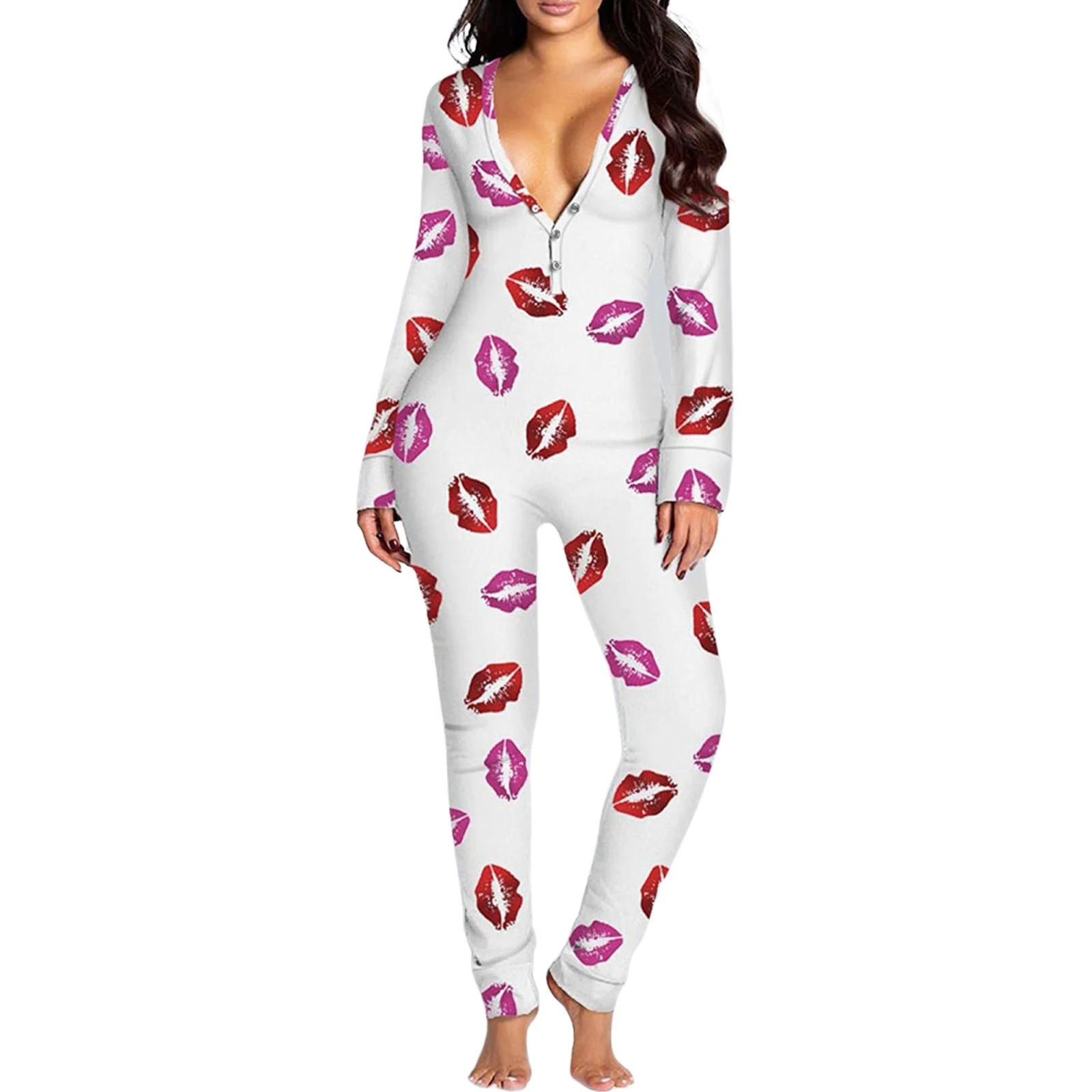 Women's Long Sleeve V Neck Bodycon Oneseies Stretchy Functional Buttoned Flap Pjs Sleepwear Romper Jumpsuit