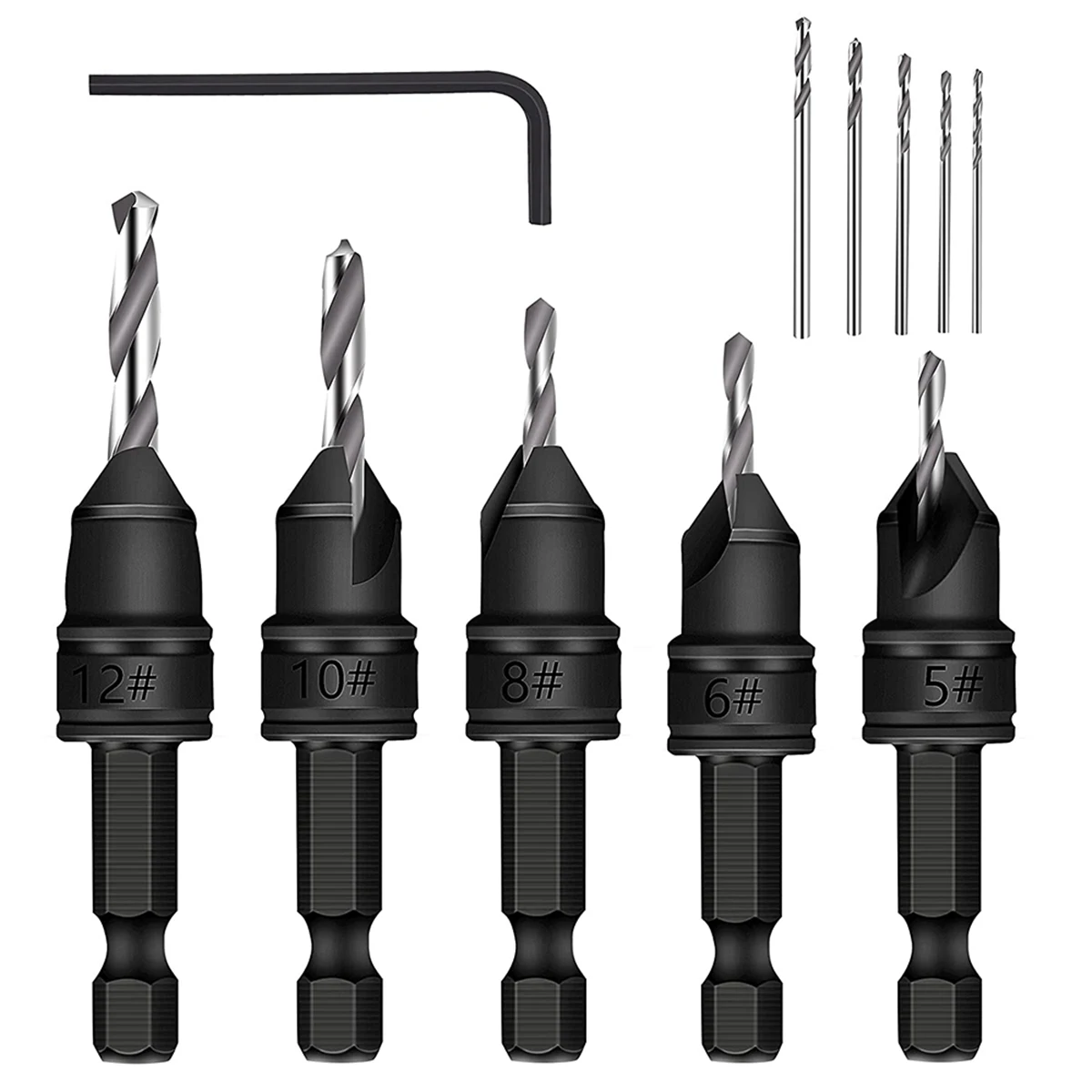 

5-Piece Set of 3/8-Inch Quick-Change 82° Chamfer Adjustable Drill Bits,HSS Wood Drill Bits Sink Hole Drilling Tool