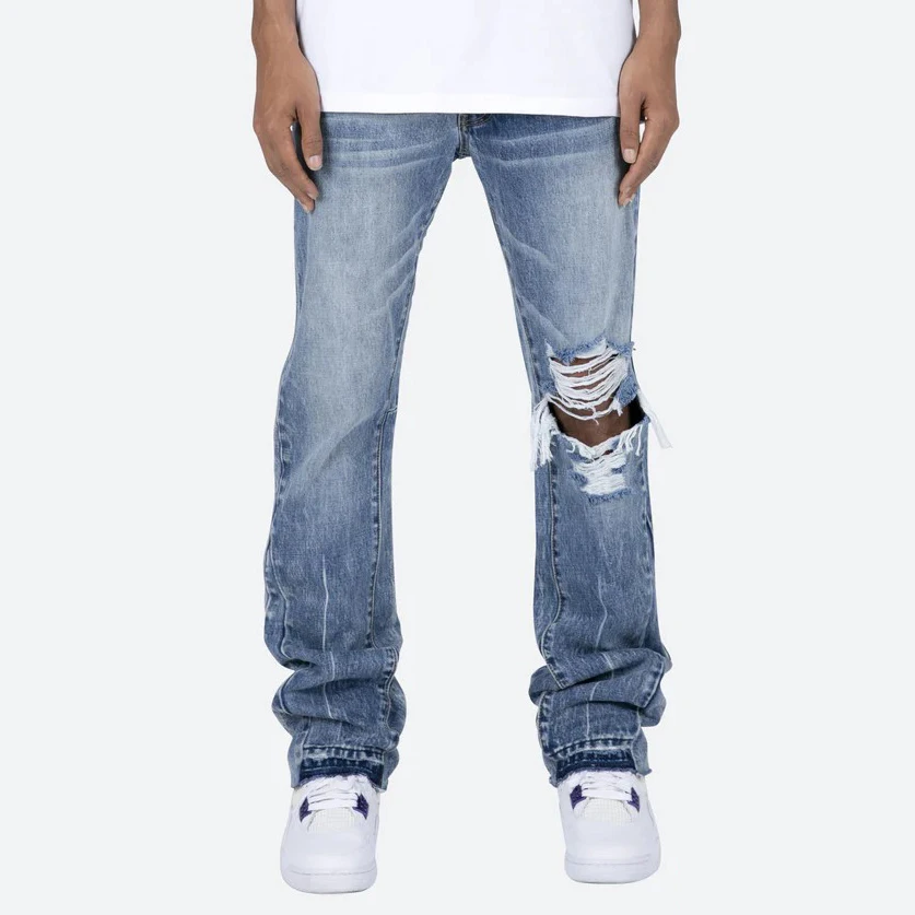 대비 색 구멍 남성용 청바지 streetwear 느슨한 찢어진 플레어 바지 닳은 레트로 캐주얼 오버 사이즈 데님 바지