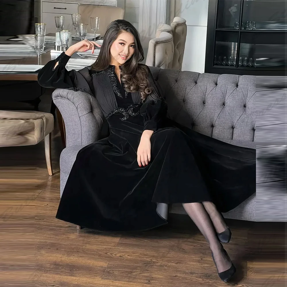 

Classic Black Velour Prom Dresses Long Sleeves Ruched Beaded Sash Graduation Party Birthday Gowns Tea Length Evening Dress 2024