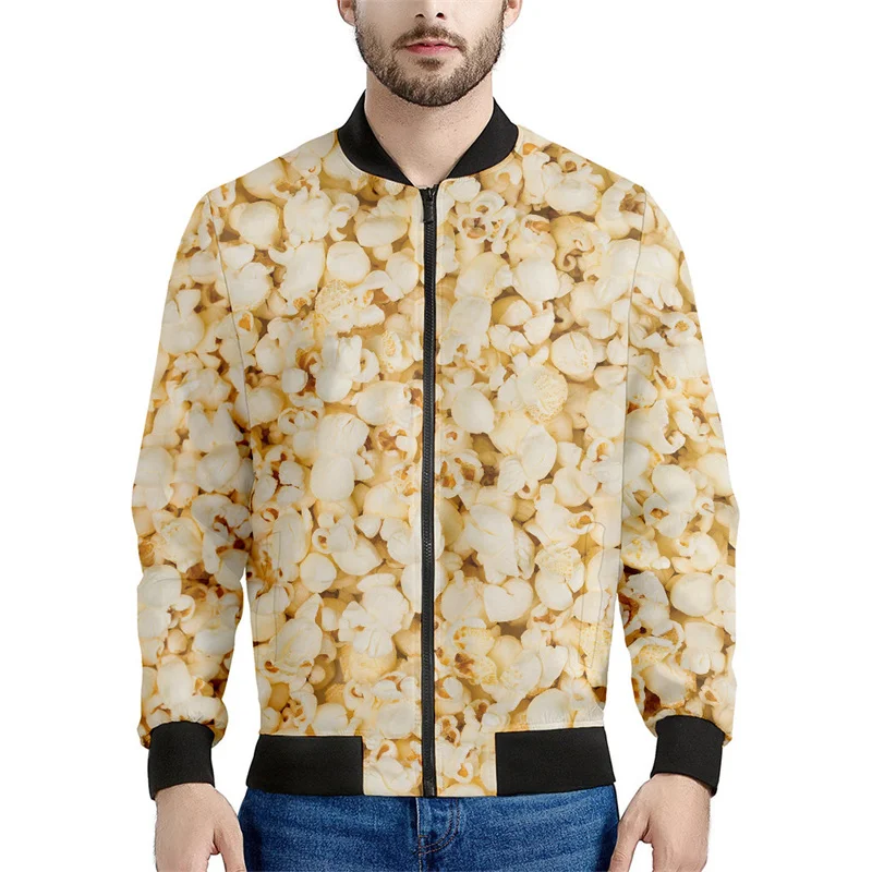 thumbnail image 1 of Chaqueta con cremallera y estampado de palomitas de maíz de dibujos animados para hombre, abrigo con estampado 3D de comida bonita, chaquetas holgadas para primavera y otoño, ropa de calle de manga la, 1 of 4