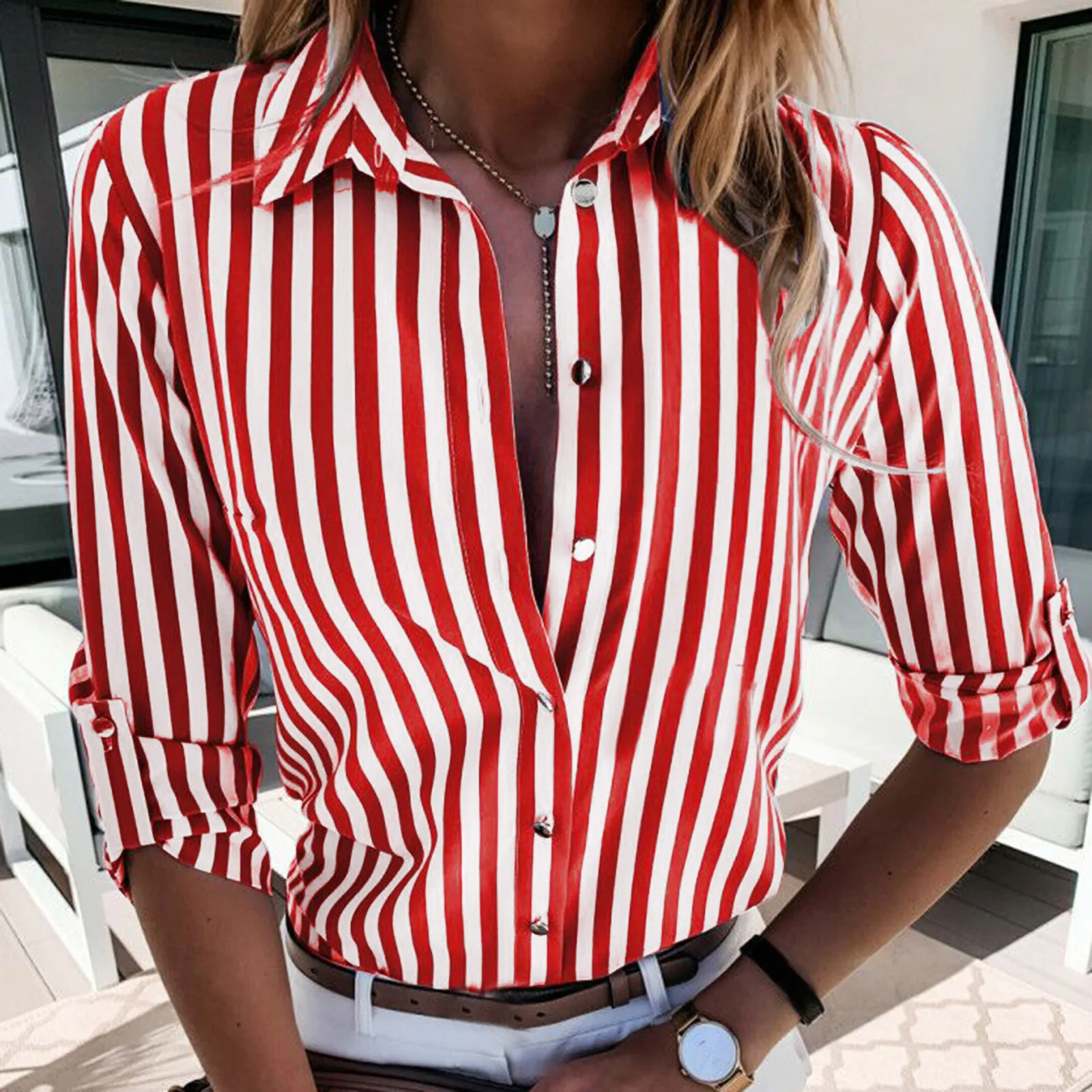 

Women's Fashionable Turn-down Collar Long Sleeves Button Stripe Printed Shirt Tops Single-breasted Cardigan Casual Shirts