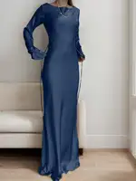 Women's Bespoke Satin Maxi Dress with Corset Waist Tie Classic Round Neck & Dramatic Flared Sleeves Luxury Evening Dress - Image 4