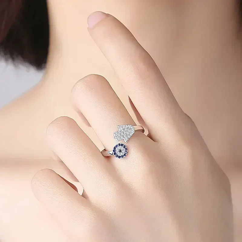 Silver Rings Silver Ring Wedding Rings KALETINE 925 Sterling Silver Evil Eye Blue Eye Hamsa Hand Fatima Hand Adjustable Female Rings Open Size Ring Wedding Jewelry