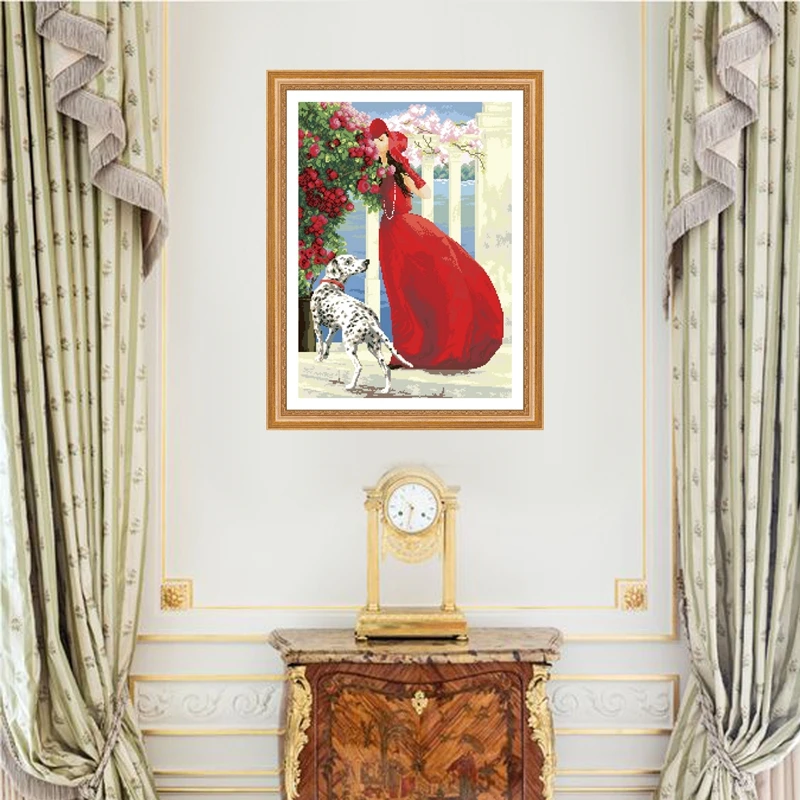 On vacation cross stitch kit woman in red dress 18ct 14ct 11ct white fabric cotton thread embroidery DIY handmade needlework