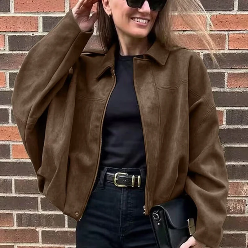 Women’s Oversized Suede Bomber Jacket - Back View