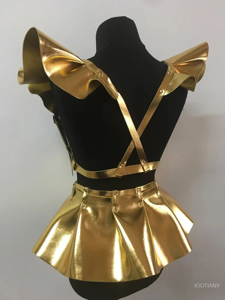 Women's Leather Belt Gothic Pannier Suspenders Holographic Pu Skirt Multicolor Belt Dress Costume