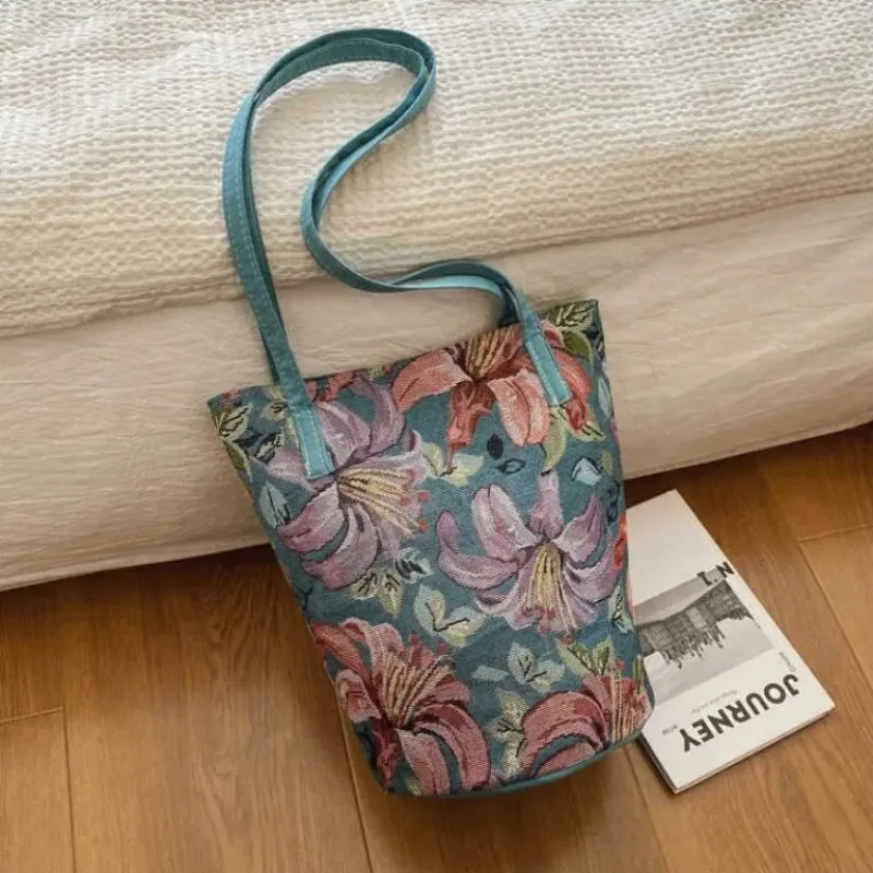 Women's Vintage Bucket Tote Bags Large Capacity Premium Commuter Shoulder Bag Floral Printed Handbag  with Small Zipper Pouch