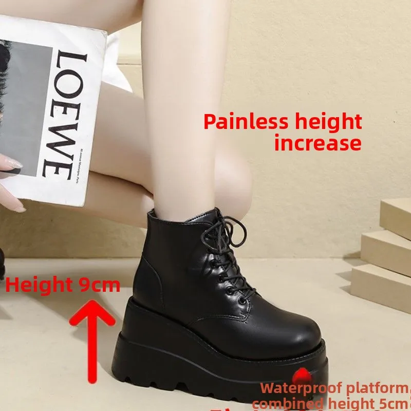 Women's 20cm Short Boots Padded Heel High Heel Fall Winter Fashion Boots round Toe Rubber Outsole Waterproof PU Leather