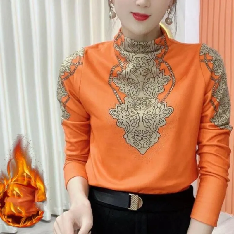 

Women's 2023 Autumn and Winter Pullover Long Sleeve T-shirt All-match Fashion Printed Diamonds Half High Neck Slim Underlay Tops