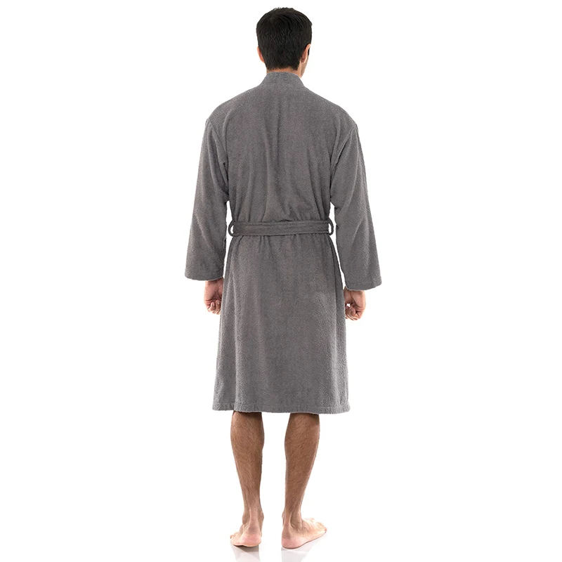 100% Cotton Men's Winter Bathrobe Solid Terry Homewear Pockets V Neck Neck Length Robe Kimono With Sashes For Male 2024