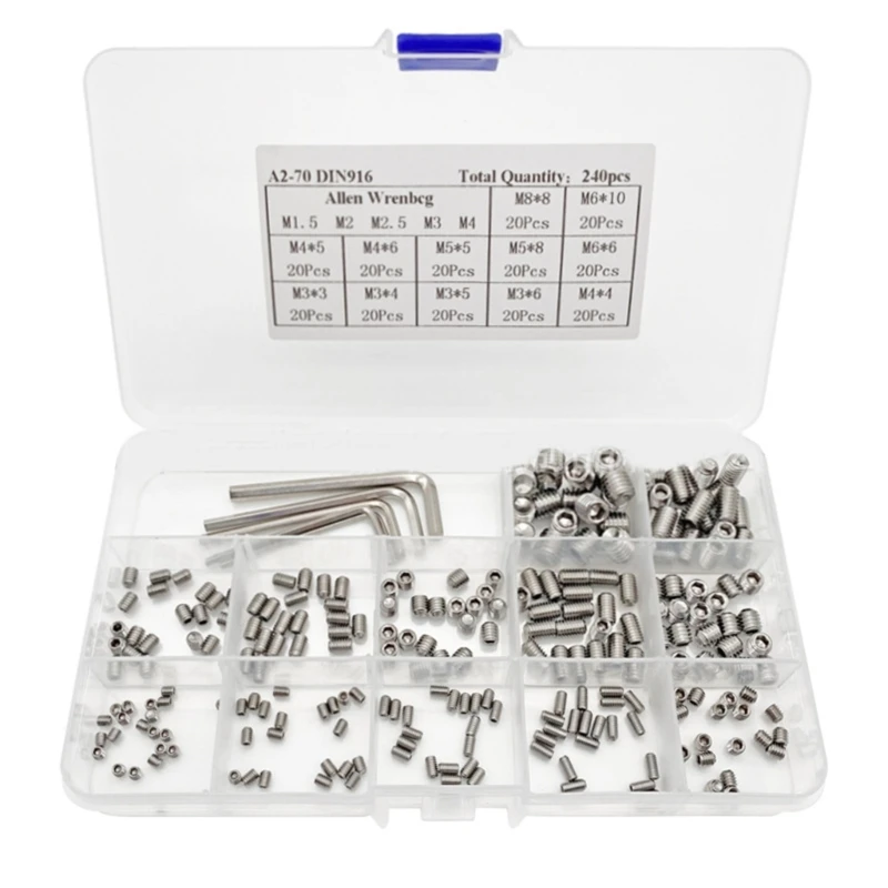 

Versatile Stainless Steel Set Screws 240 Pcs Assortment with Storage Box 3/4/5/6/8 Hexs Socket for Various Applications