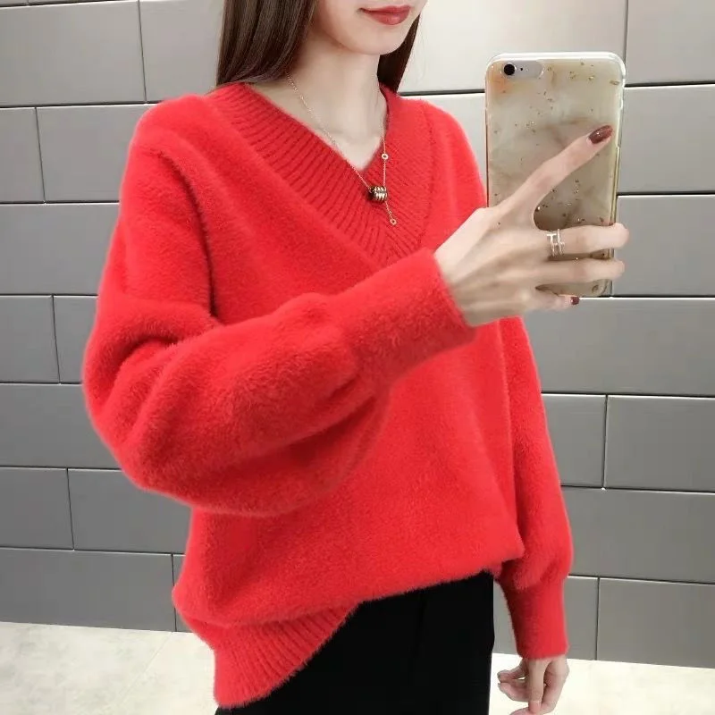 

Fashion V-Neck Knitted Solid Color All-match Sweaters Women's Clothing 2023 Autumn New Casual Pullovers Long Sleeve Korean Tops