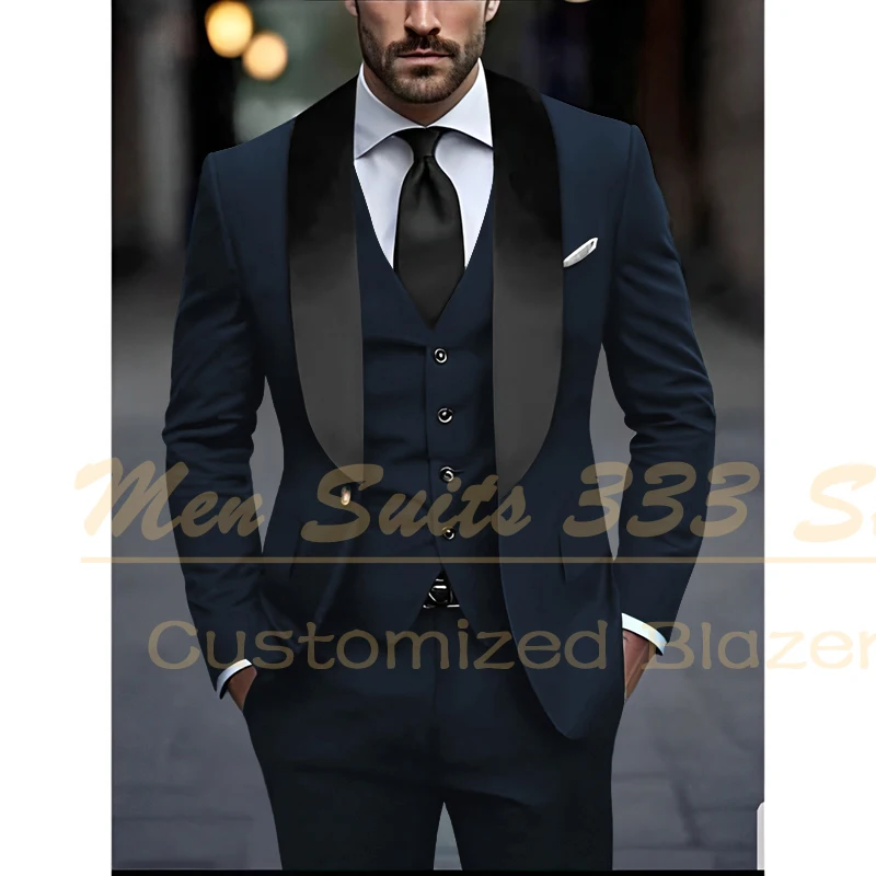 Green Men Suits Blazer Formal Black Shawl Lapel One Button Slim Fit Clothing 3 Piece Jacket Pants Vest