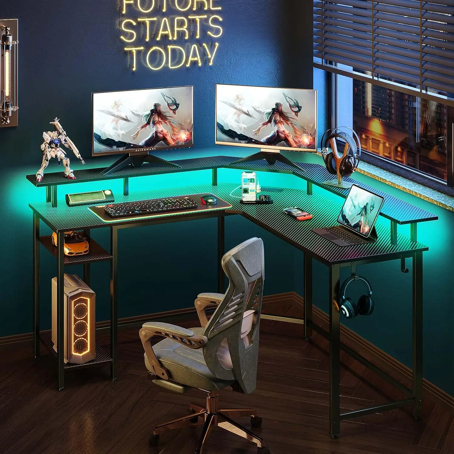 Rolanstar L Shaped Gaming Desk with LED Lights & Power Outlets, 56" Computer Desk with Full Monitor Stand & Storage Shelf, Corne 2