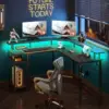 Rolanstar L Shaped Gaming Desk with LED Lights & Power Outlets, 56" Computer Desk with Full Monitor Stand & Storage Shelf, Corne 2