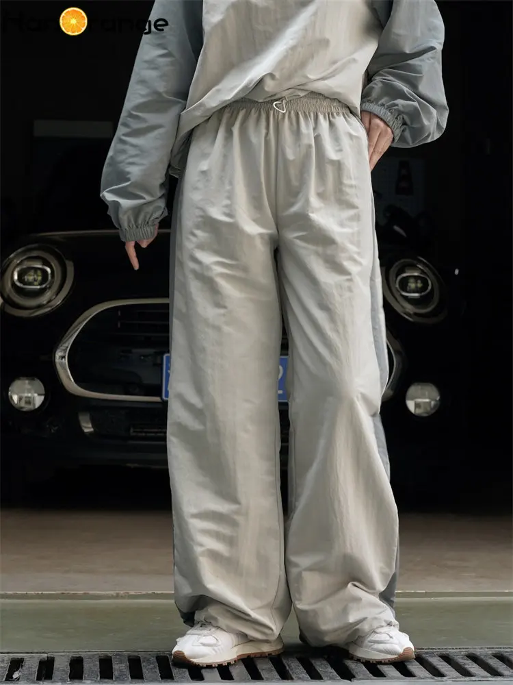 

HanOrange 2023 Summer Sports Contrast High-waist Pants Women Loose Lightweight Comfortable Trousers Female Black Apricot/Beige