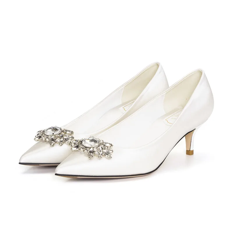 Medium Stiletto High Heels Women Crystal Flower Rhinestone Wedding Shoes Bride Dress Pumps White Satin small/large size 32-43