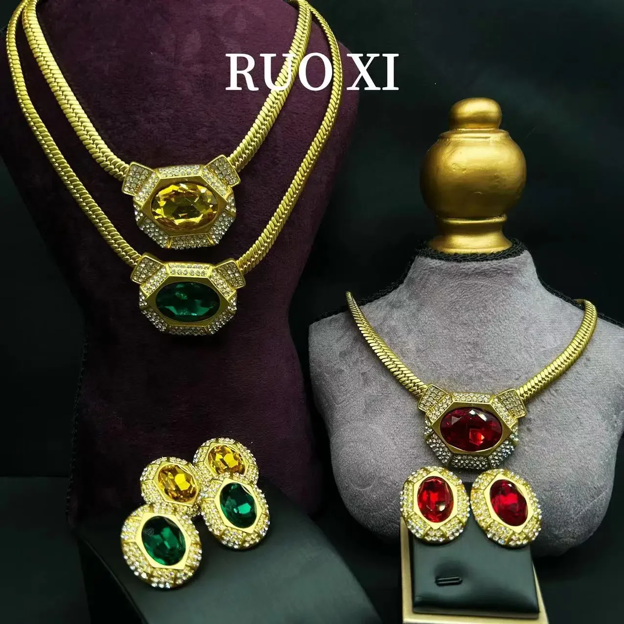 

Women Earrings Palace Colored Gemstone Plated Gold Luxury Necklace Earrings Wedding Treasure Vintage Medieval Gorgeous Trendy