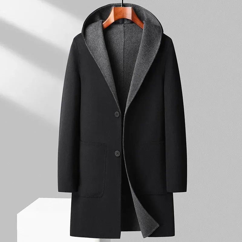 남성용 대형 포켓 미디엄 롱 후드 착용, 수제 양면 모직 코트, 사이즈 M, L, XL2XL, 3XL, 겨울 패션, 신상