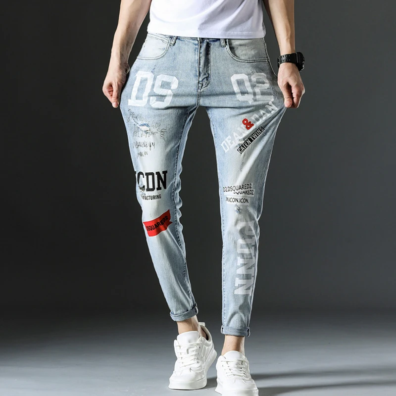 Men's Jeans Spring Summer Korean Fashion Pants Classic Overalls Straight Trousers for Men Large Size Painted Worn Slim Fit D2
