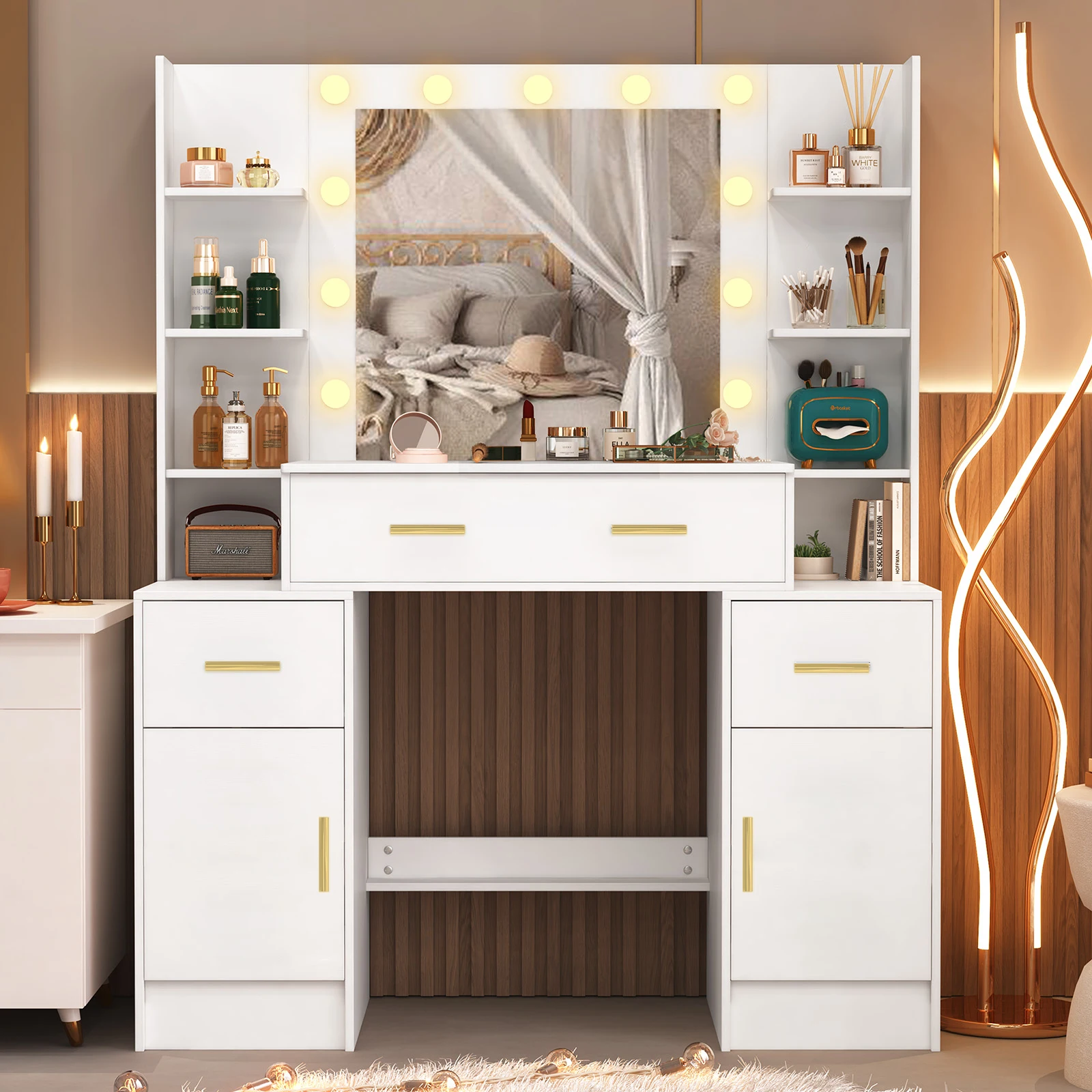 Teousev White Modern Dressing Table Makeup Vanity Dresser with Mirror 4 Drawers Storage Organizer Home Bedroom Vanity Desk