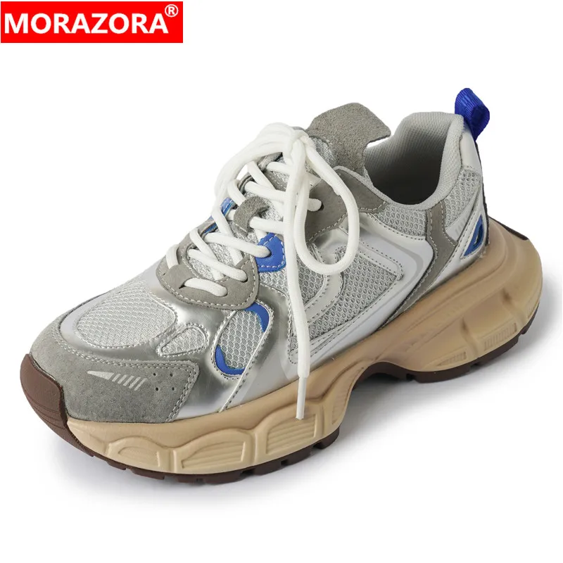 

MORAZORA 2024 New Genuine Leather Chunky Sneakers Lace Up Platform Casual Shoes Comfortable Casual Shoes Ladies Spring Shoes