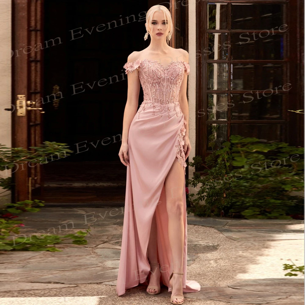 

Sexy Off The Shoulder New Evening Dresses Silk Satin Mermaid Sleeveless Prom Gowns Lace Embroidery Side Split Vestidos De Fiesta