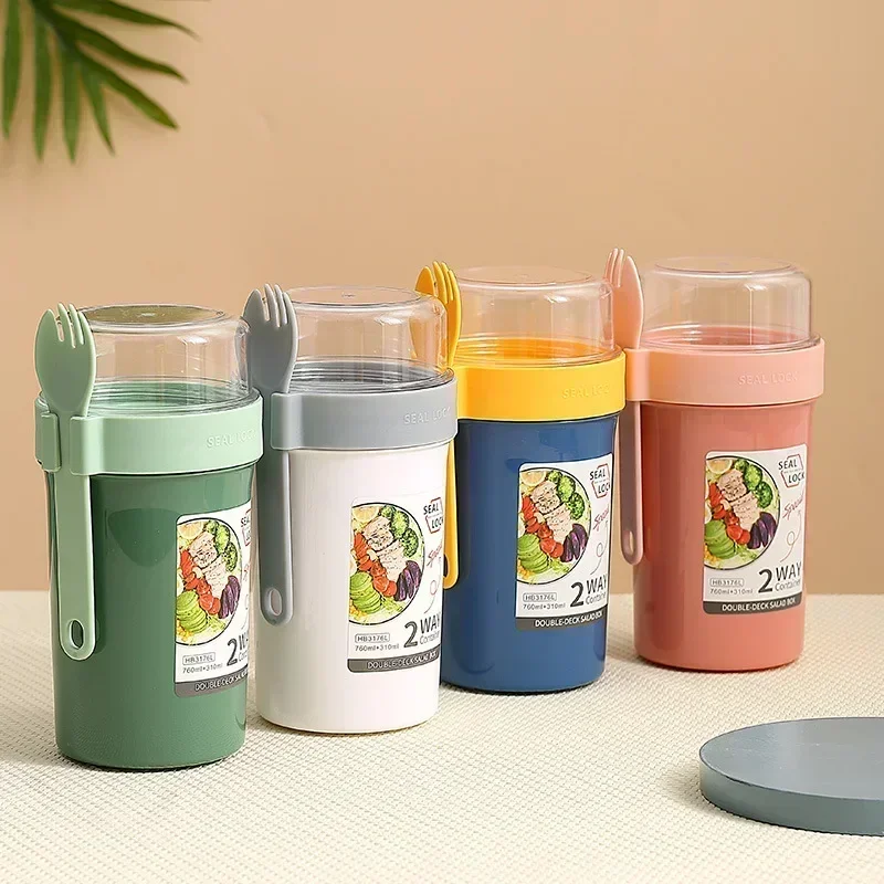 Bento Lunch Box Salad Oatmeal Breakfast Double Cup Cereal Nut Yogurt Container Set with Dressing Holder Fork Meal Preparation - 3
