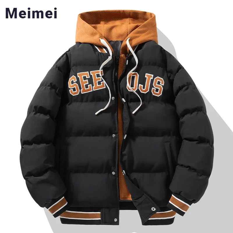 Fashion Trend Thickened Fake Two-piece Coat Letter Pattern Stitching Contrast Color Male Coat American Waterproof Hooded Parka