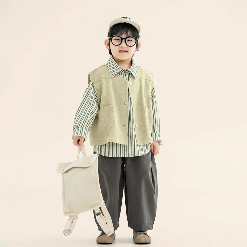 새로운 어린이용 일본식 및 한국식 아우터, 조끼, 어린이용 패셔너블하고 심플한 상의, 남아용 조끼, 봄 의상