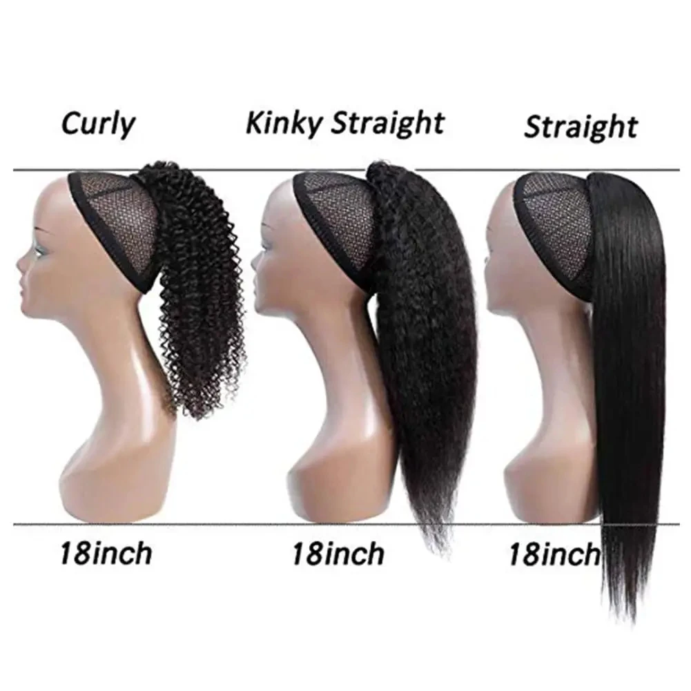 Human hair extensions Kinky Straight Wrap Around Drawstring Ponytail With Clips Yaki Straight #1B Clip In Virgin Hair Extensions